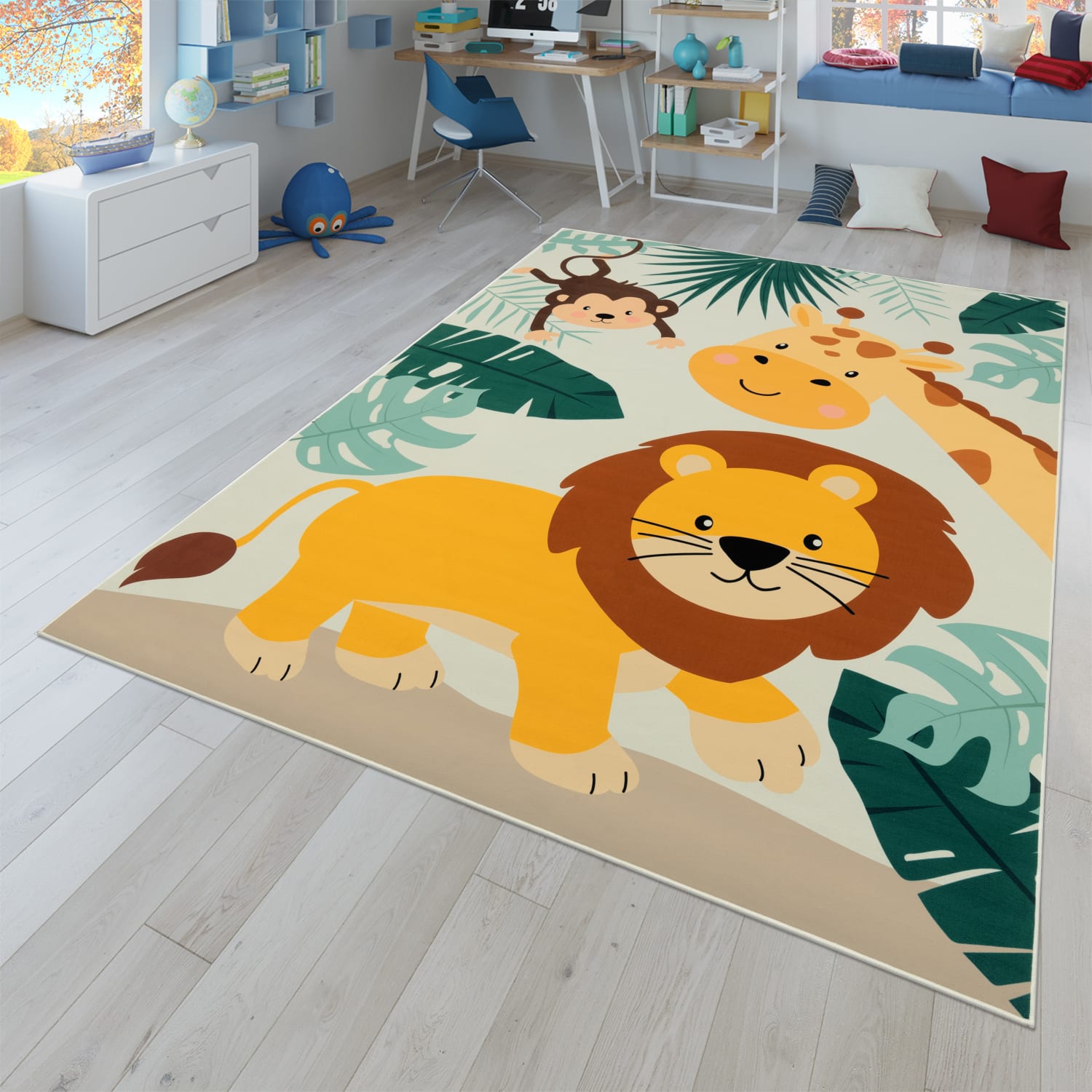 Kinderzimmerteppich Teppich Junge Mädchen Kinderteppich Rutschfest Zoo Tiere 200 Cm X 200 Cm Beige Quadrat