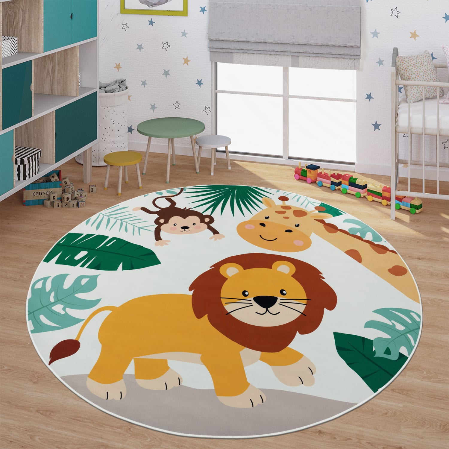 Kinderzimmerteppich Teppich Junge Mädchen Kinderteppich Rutschfest Zoo Tiere 200 Cm X 200 Cm Beige Rund