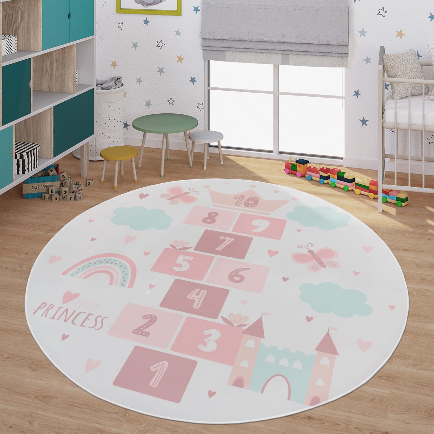Kinderzimmerteppich Teppich Kinderteppich Rutschfest Herz Wolke Schmetterling 200 Cm X 200 Cm Creme Rund
