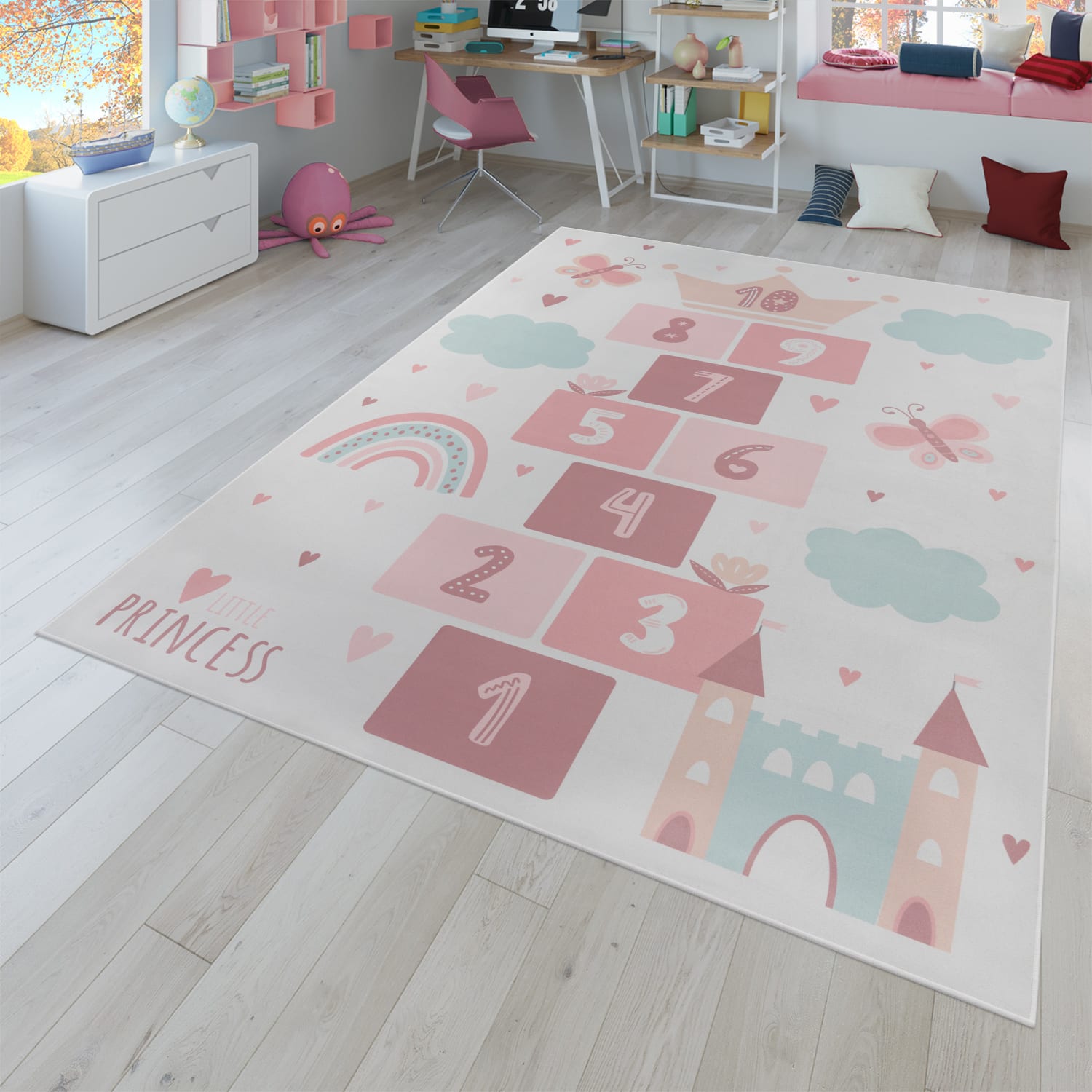 Kinderzimmerteppich Teppich Kinderteppich Rutschfest Herz Wolke Schmetterling 240 Cm X 340 Cm Creme Rechteckig