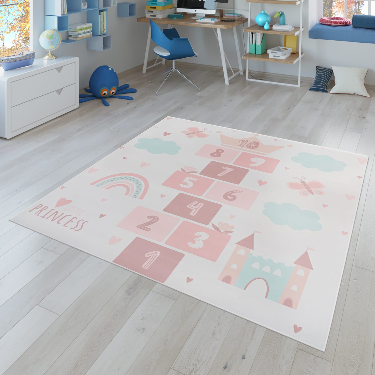 Kinderzimmerteppich Teppich Kinderteppich Rutschfest Herz Wolke Schmetterling 200 Cm X 200 Cm Creme Quadrat