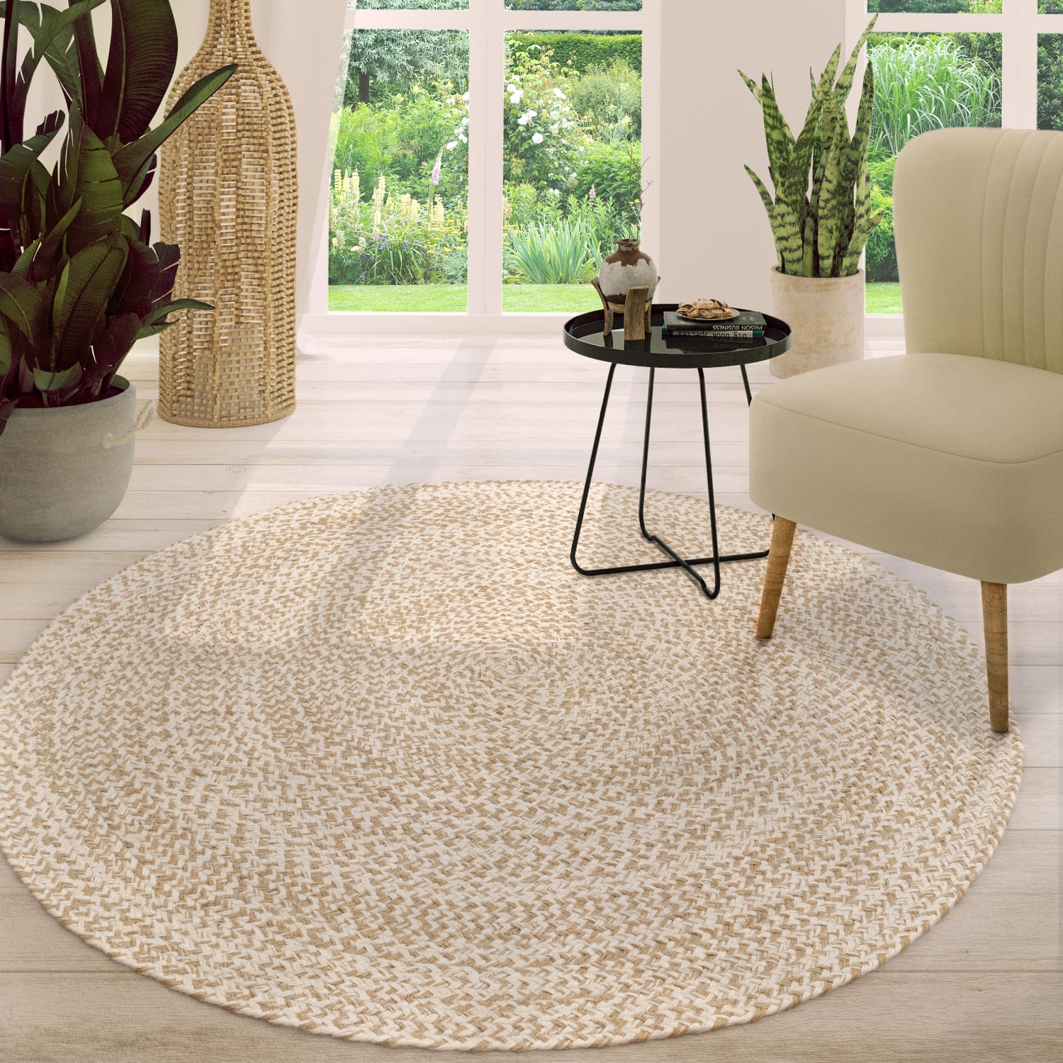 Wohnzimmer Teppich Rund Kurzflor Hangefertigt Modern Unifarben Cutout Design 100 Cm X 100 Cm X 9 Mm Beige Rund