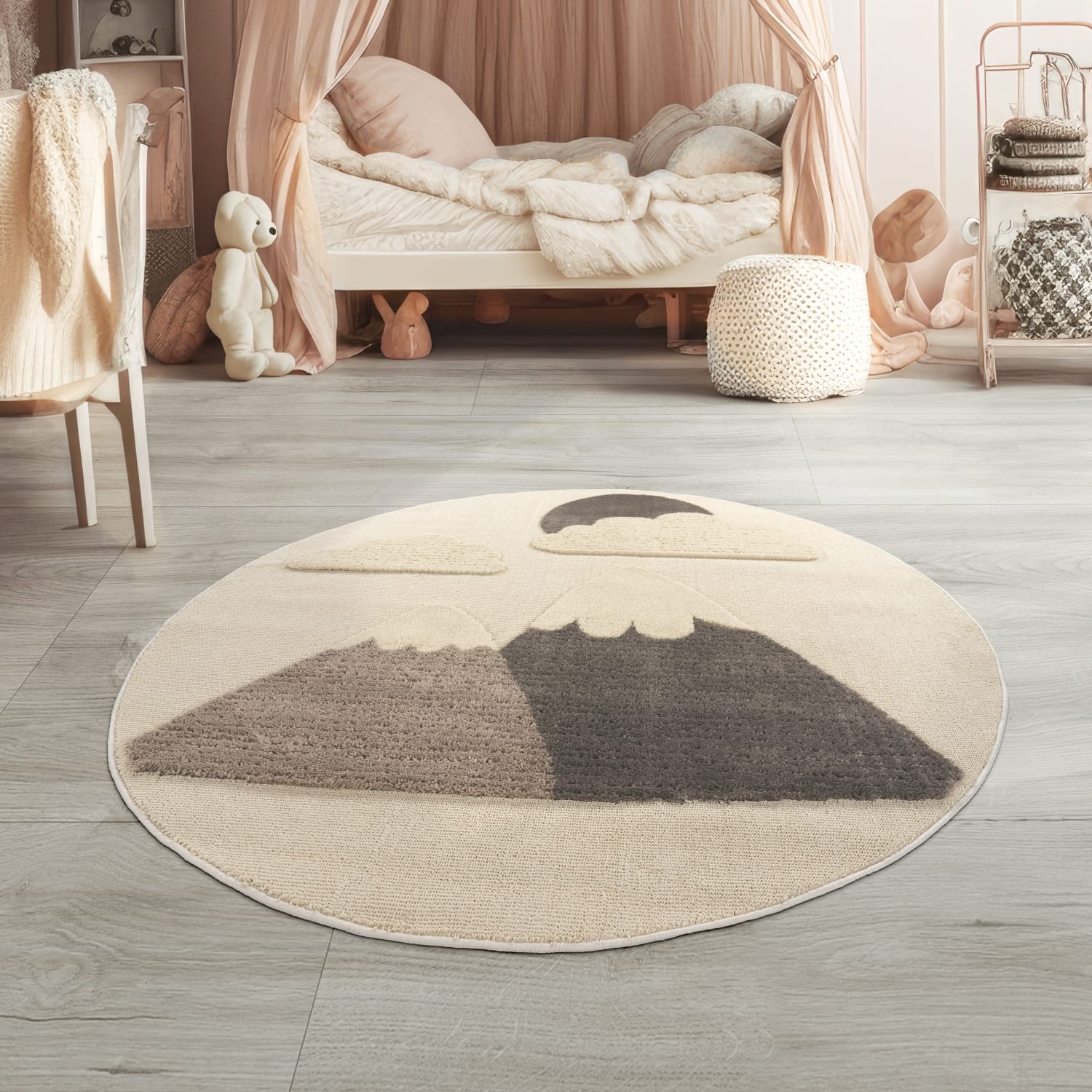 Kinderteppich Kinderzimmer Teppich Kurzflor Rund Berge 3d Flauschig Weich Deko 120 Cm X 120 Cm X 21 Mm Creme Rund
