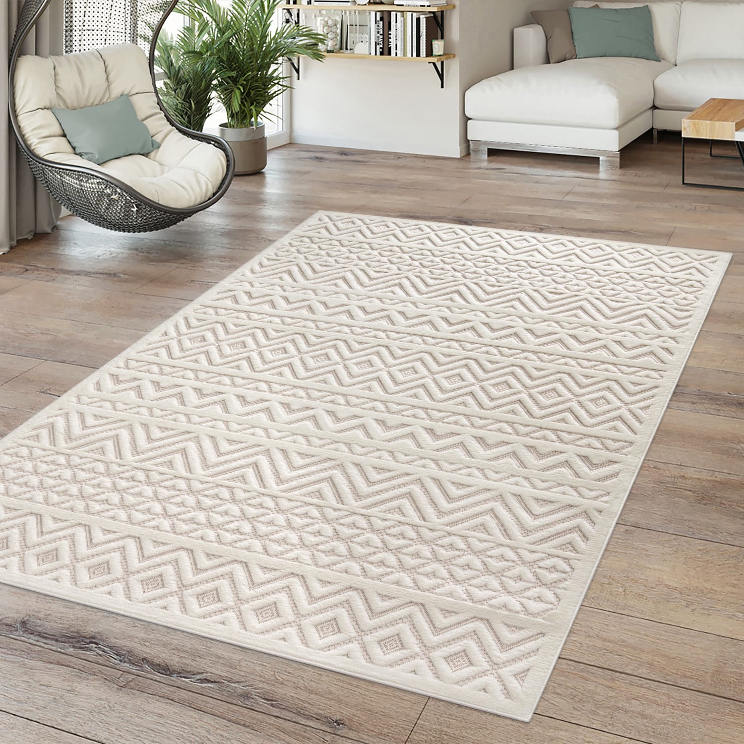 In-& Outdoor Teppich Esszimmer Wetterfest Balkon Unifarben 3d Boho Skandi Design 140 Cm X 200 Cm X 14 Mm Creme Rechteckig