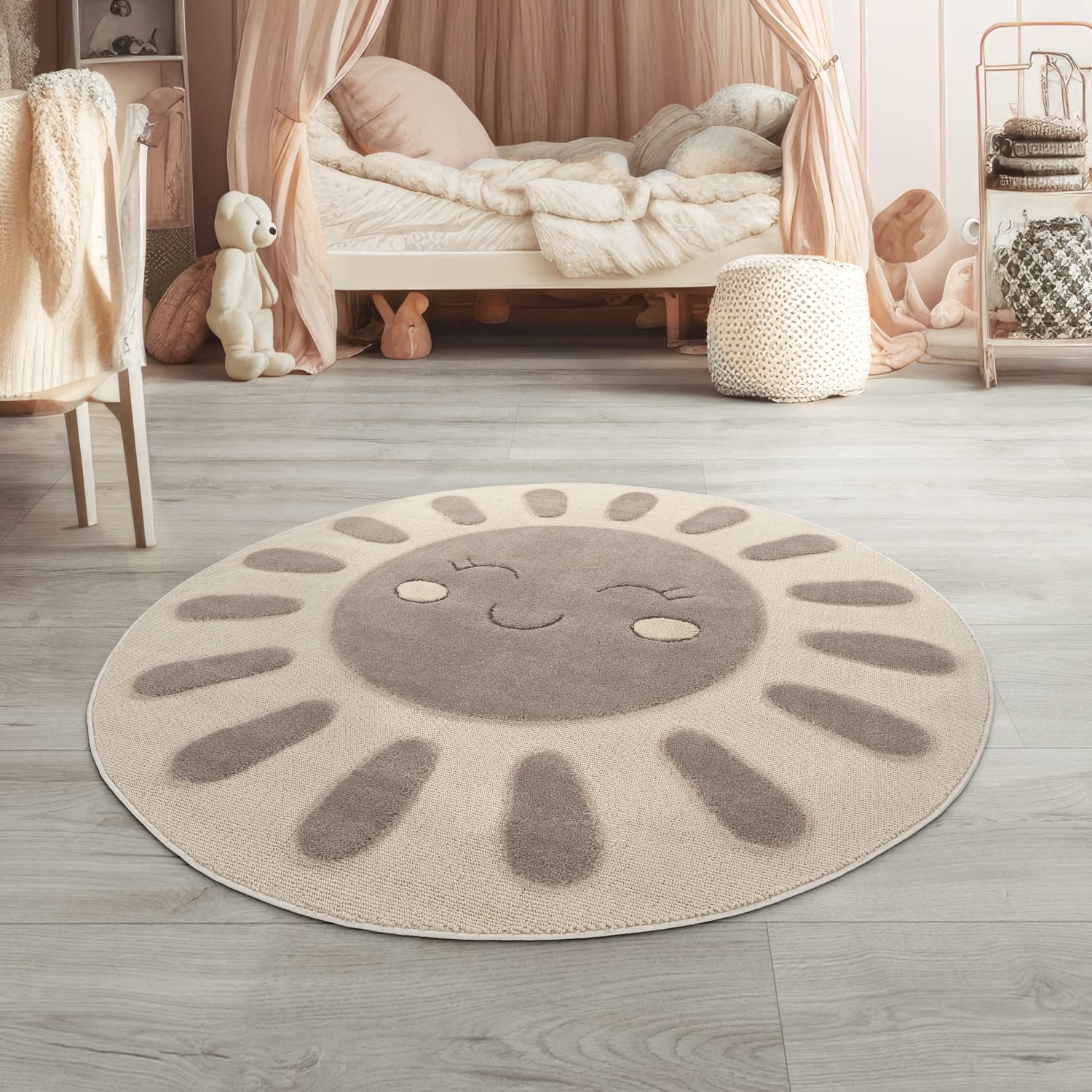 Kinderteppich Kinderzimmer Teppich Spielteppich Kurzflor Sonne Flauschig 3d 160 Cm X 160 Cm X 21 Mm Creme Rund