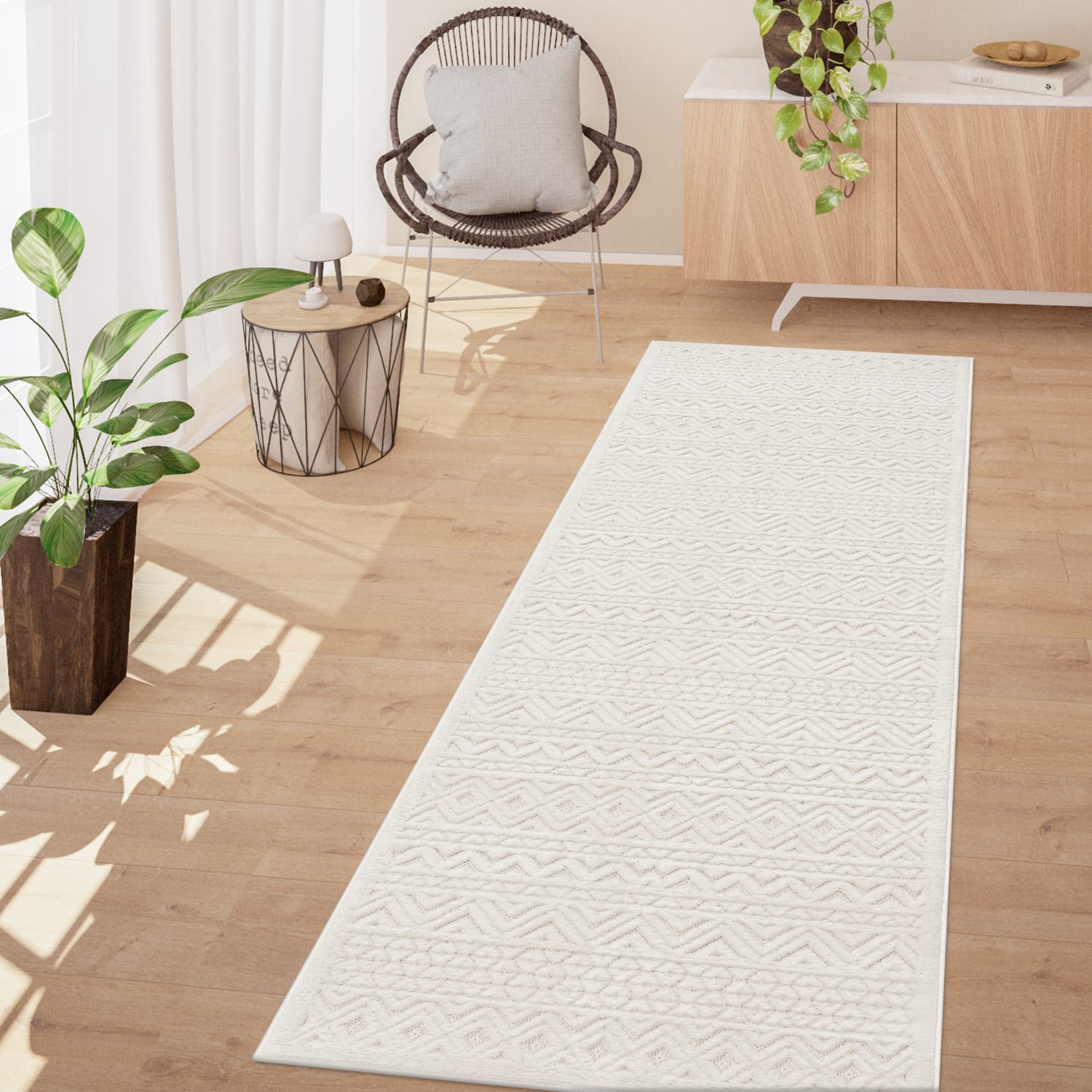 In-& Outdoor Teppich Esszimmer Wetterfest Balkon Unifarben 3d Boho Skandi Design 80 Cm X 250 Cm X 14 Mm Creme Rechteckig