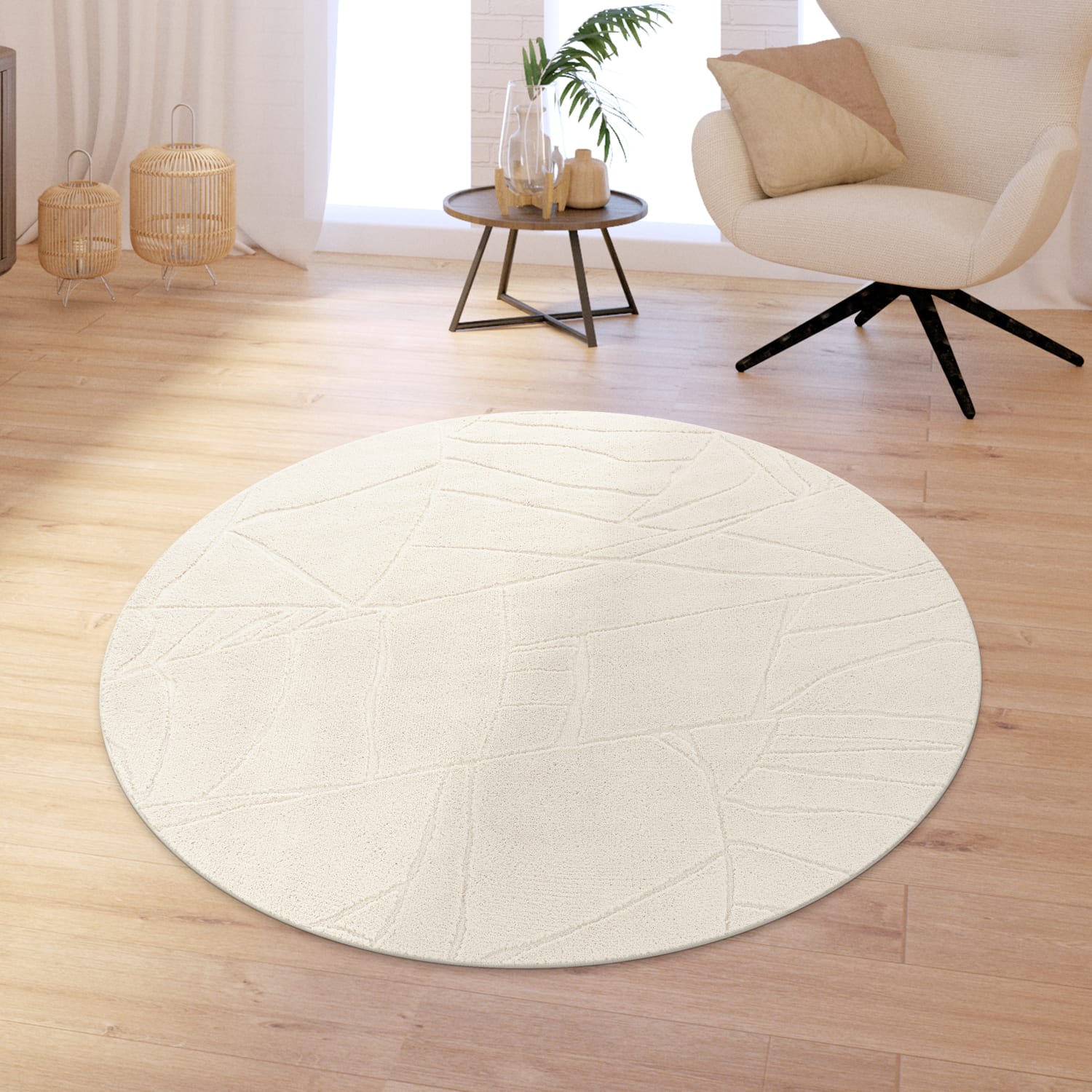 Wohnzimmer Teppich Schlafzimmer Hochflor Weich Waschbar Uni 3d-optik Modern 120 Cm X 120 Cm X 16 Mm Creme Rund