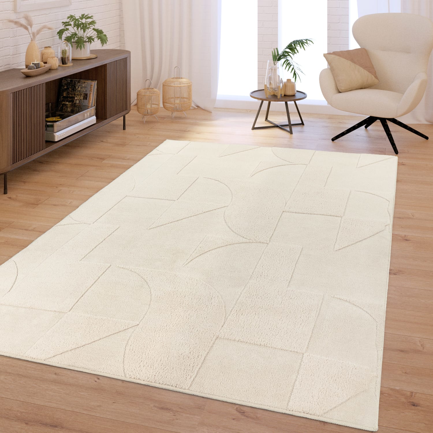 Wohnzimmer Teppich Schlafzimmer Hochflor Weich Waschbar Uni 3d-optik Modern 120 Cm X 160 Cm X 16 Mm Creme Rechteckig