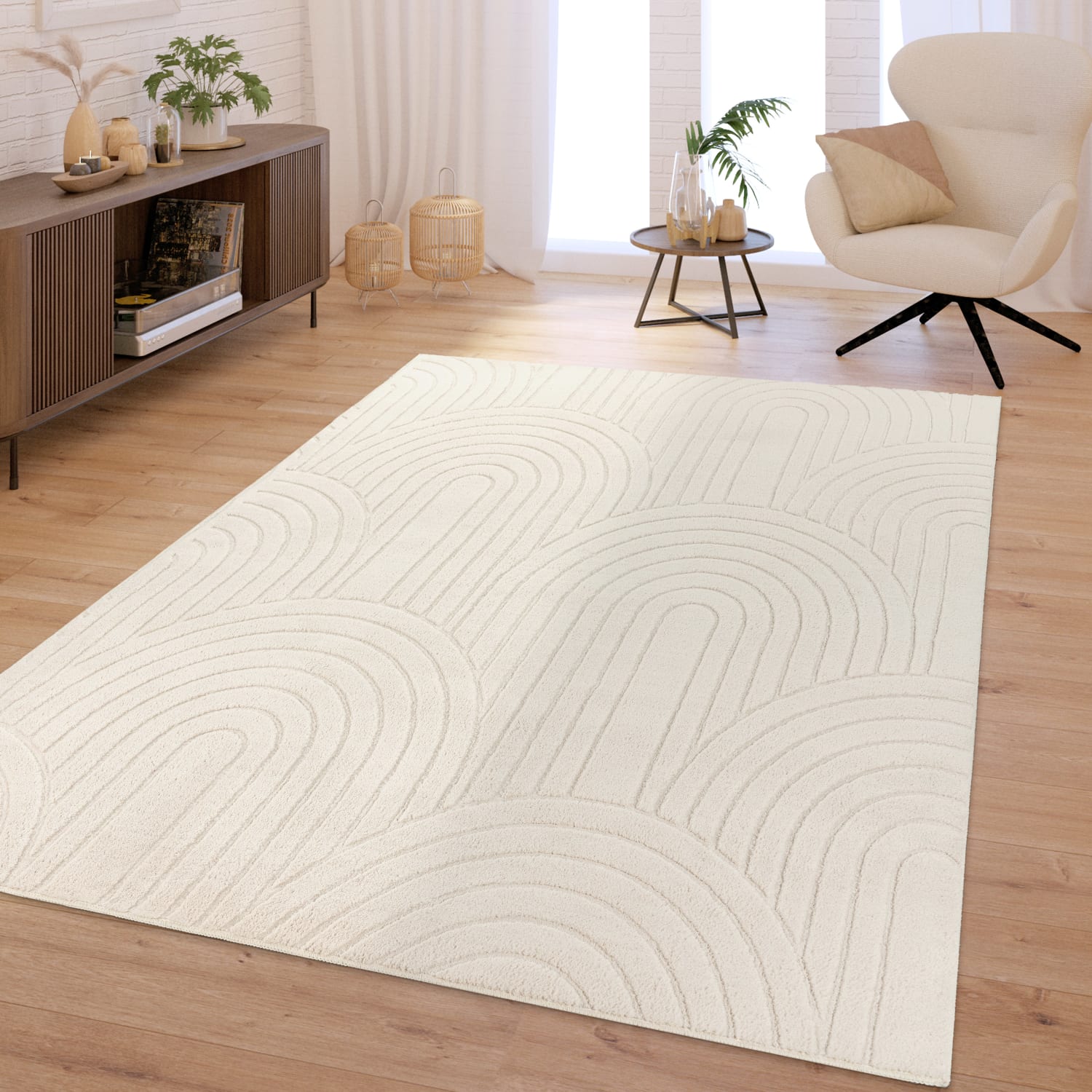 Wohnzimmer Teppich Schlafzimmer Hochflor Weich Waschbar Uni 3d-optik Modern 160 Cm X 220 Cm X 16 Mm Creme Rechteckig