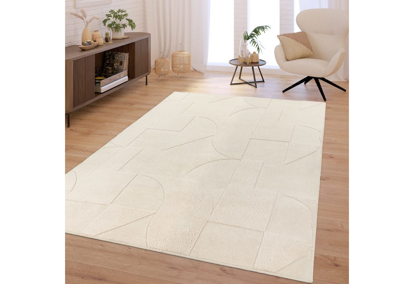 Wohnzimmer Teppich Schlafzimmer Hochflor Weich Waschbar Uni 3d-optik Modern 80 Cm X 150 Cm X 16 Mm Creme Rechteckig Bild 4