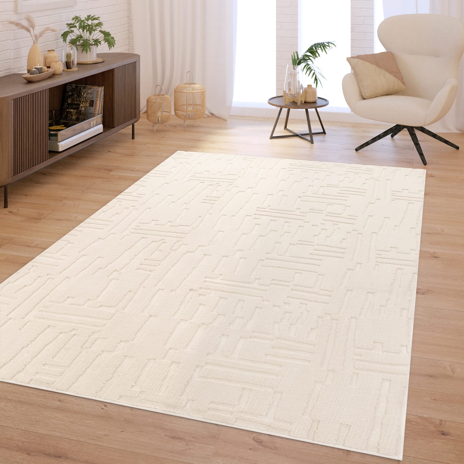 Wohnzimmer Teppich Schlafzimmer Hochflor Waschbar Skandinavisch Geometrisch Boho 200 Cm X 280 Cm X 16 Mm Creme Rechteckig