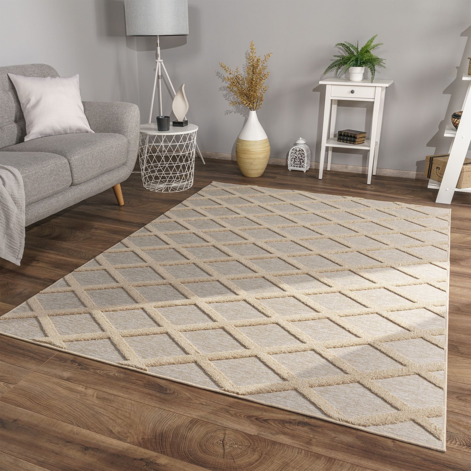 Wohnzimmer Teppich Esszimmer Kurzflor Skandinavisch 120 Cm X 160 Cm X 14 Mm Dunkelcreme Beige Rechteckig