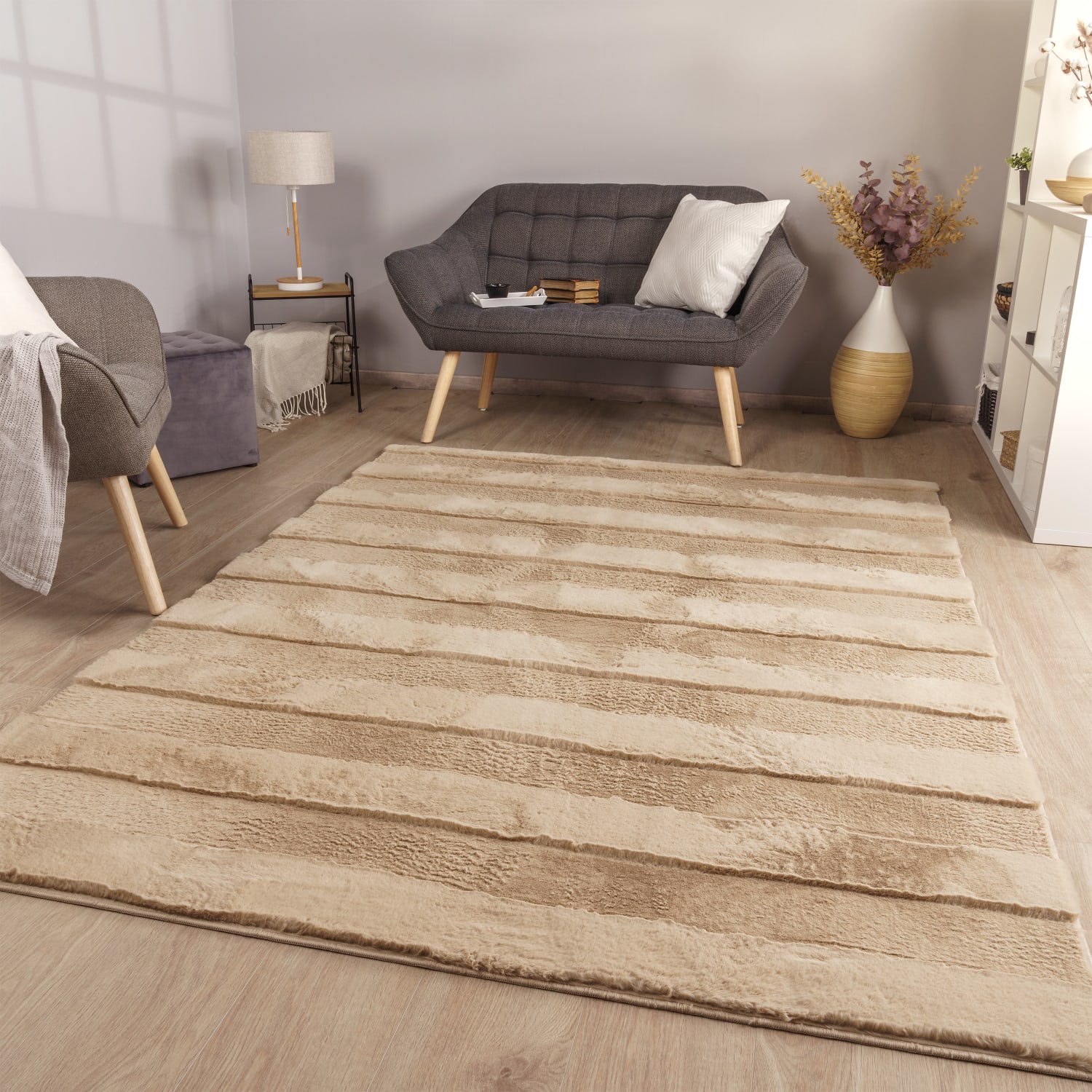 Wohnzimmer Teppich Esszimmer Langflor Streifen Design Boho Skandi Optik Uni 120 Cm X 160 Cm X 26 Mm Beige Rechteckig
