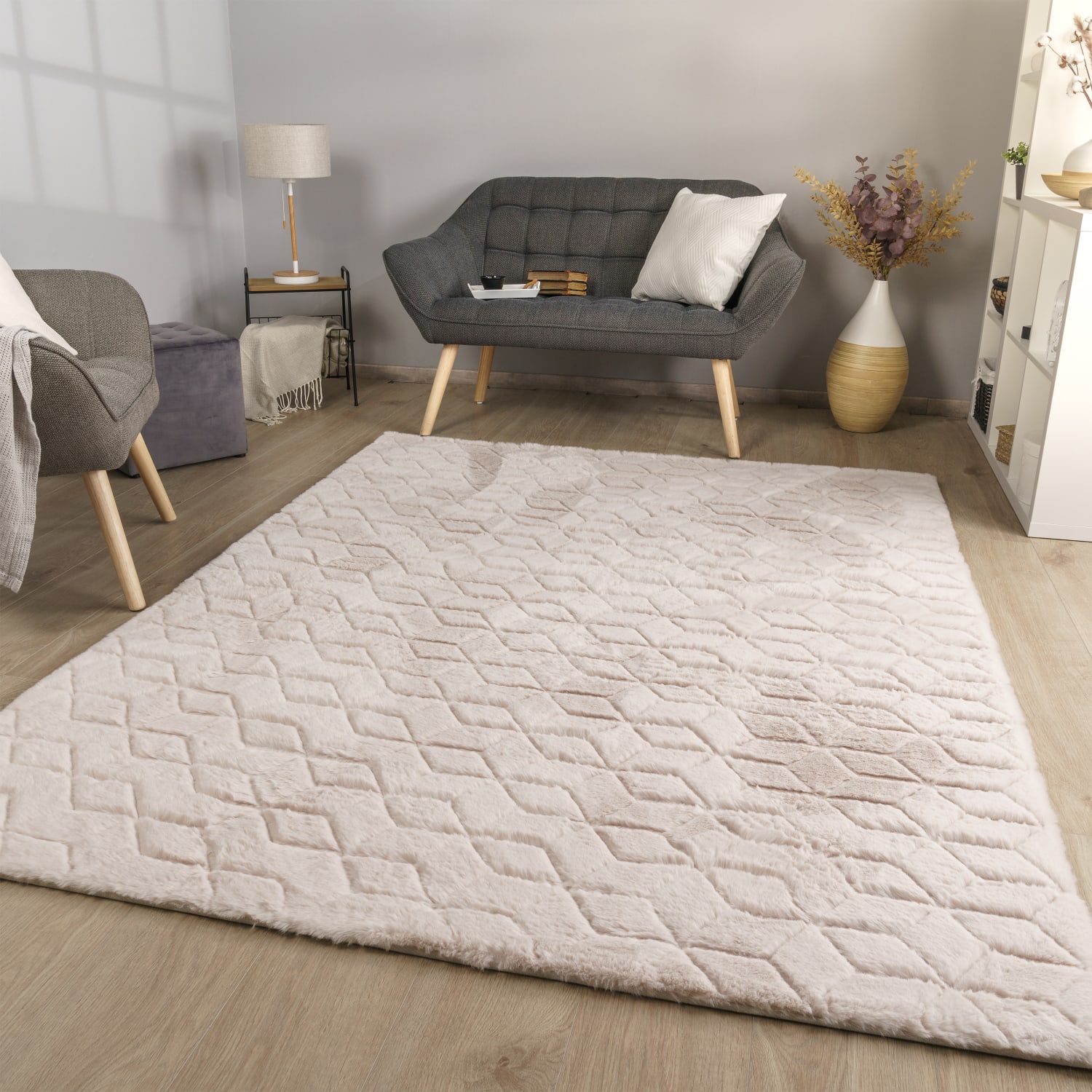 Wohnzimmer Teppich Esszimmer Langflor Geometrisches Design Skandi Moder 3d Uni 60 Cm X 100 Cm X 26 Mm Beige Rechteckig