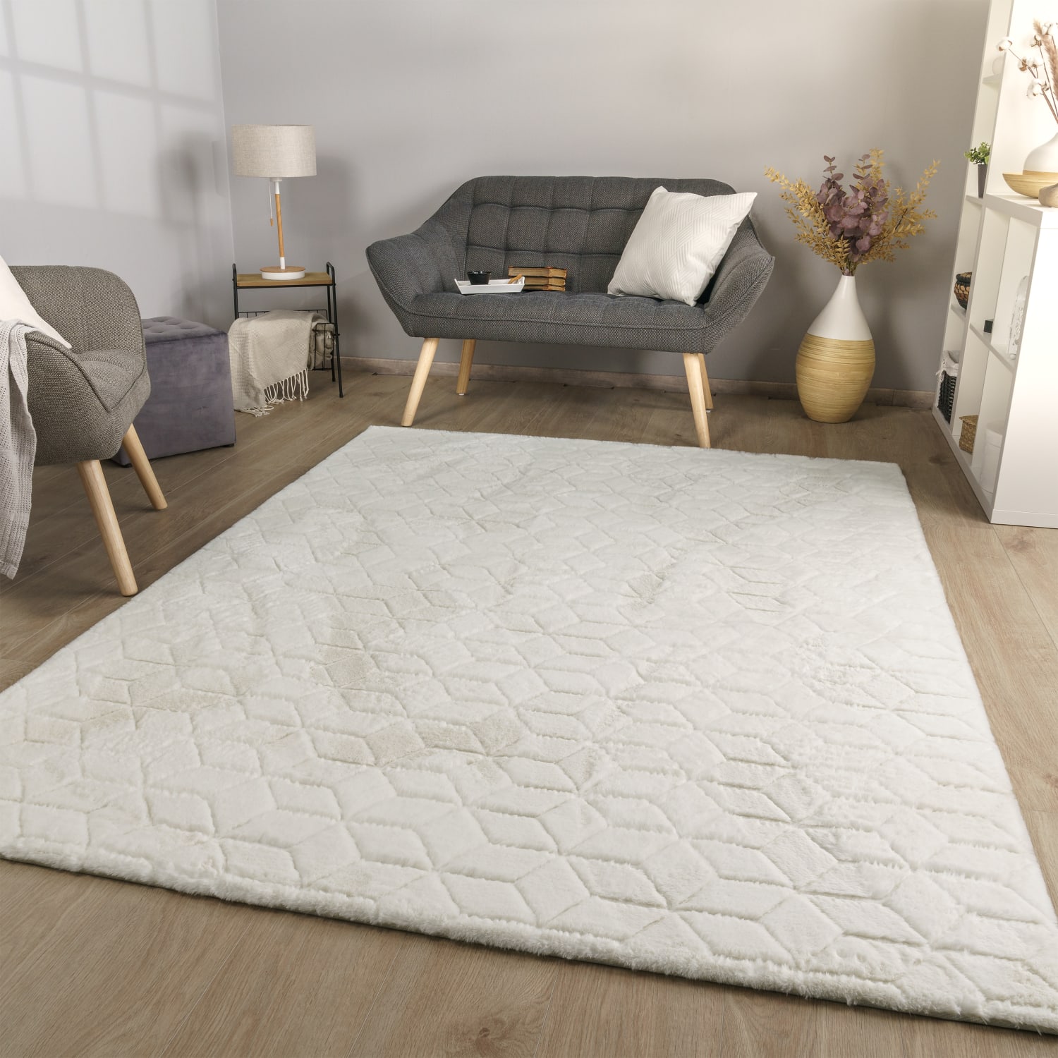 Wohnzimmer Teppich Esszimmer Langflor Geometrisches Design Skandi Moder 3d Uni 80 Cm X 150 Cm X 26 Mm Creme Rechteckig