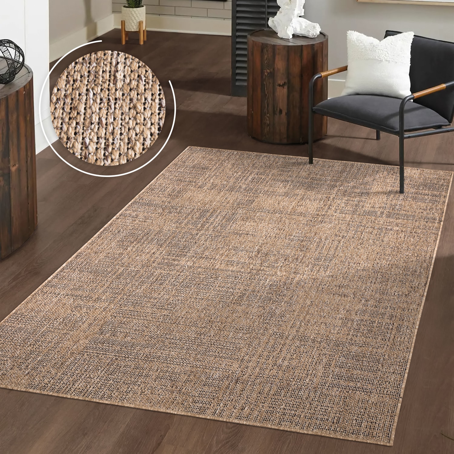 Waschbarer In-& Outdoorteppich Wetterfest Terrasse Unifarben Melierte Optik Boho 120 Cm X 160 Cm Beige Rechteckig