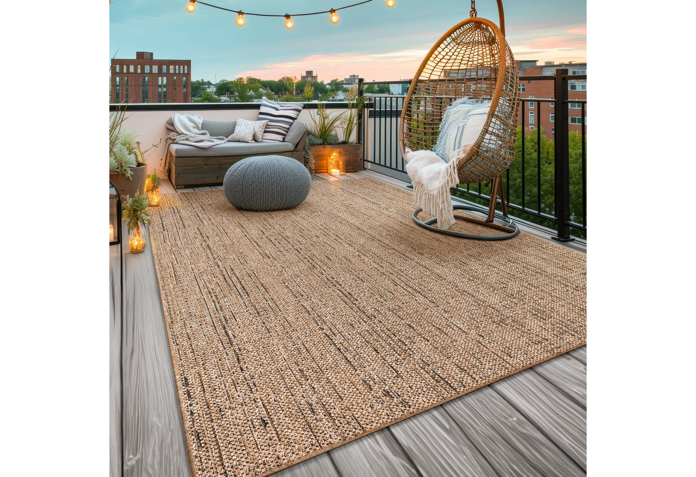 Waschbarer In-& Outdoorteppich Wetterfest Terrasse Boho Muster Unicolor Meliert 80 Cm X 150 Cm Beige Rechteckig Bild 2