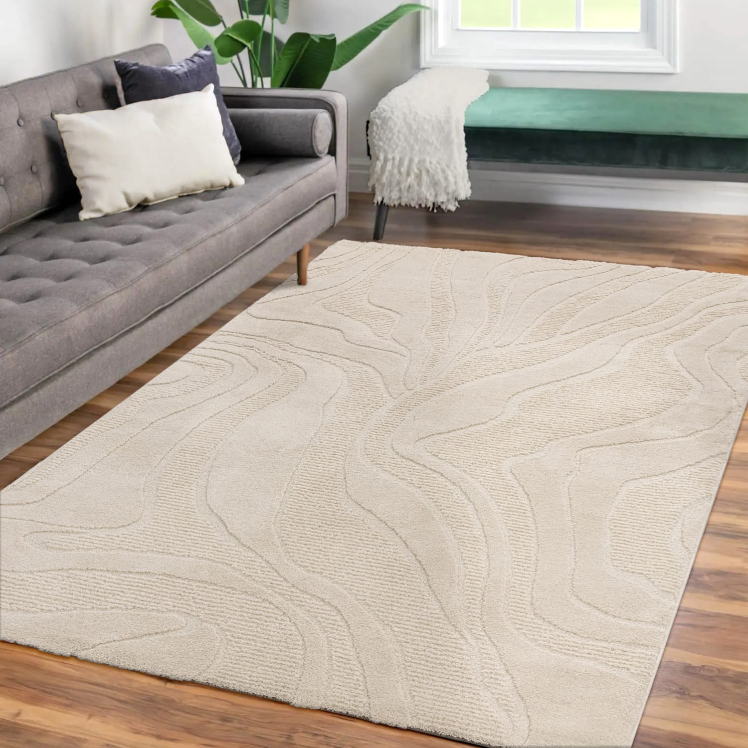 Wohnzimmer Teppich Esszimmer Kurzflor Japandi Skandinavisch Boho Abstrakt Uni 3d 80 Cm X 150 Cm X 18 Mm Creme Rechteckig