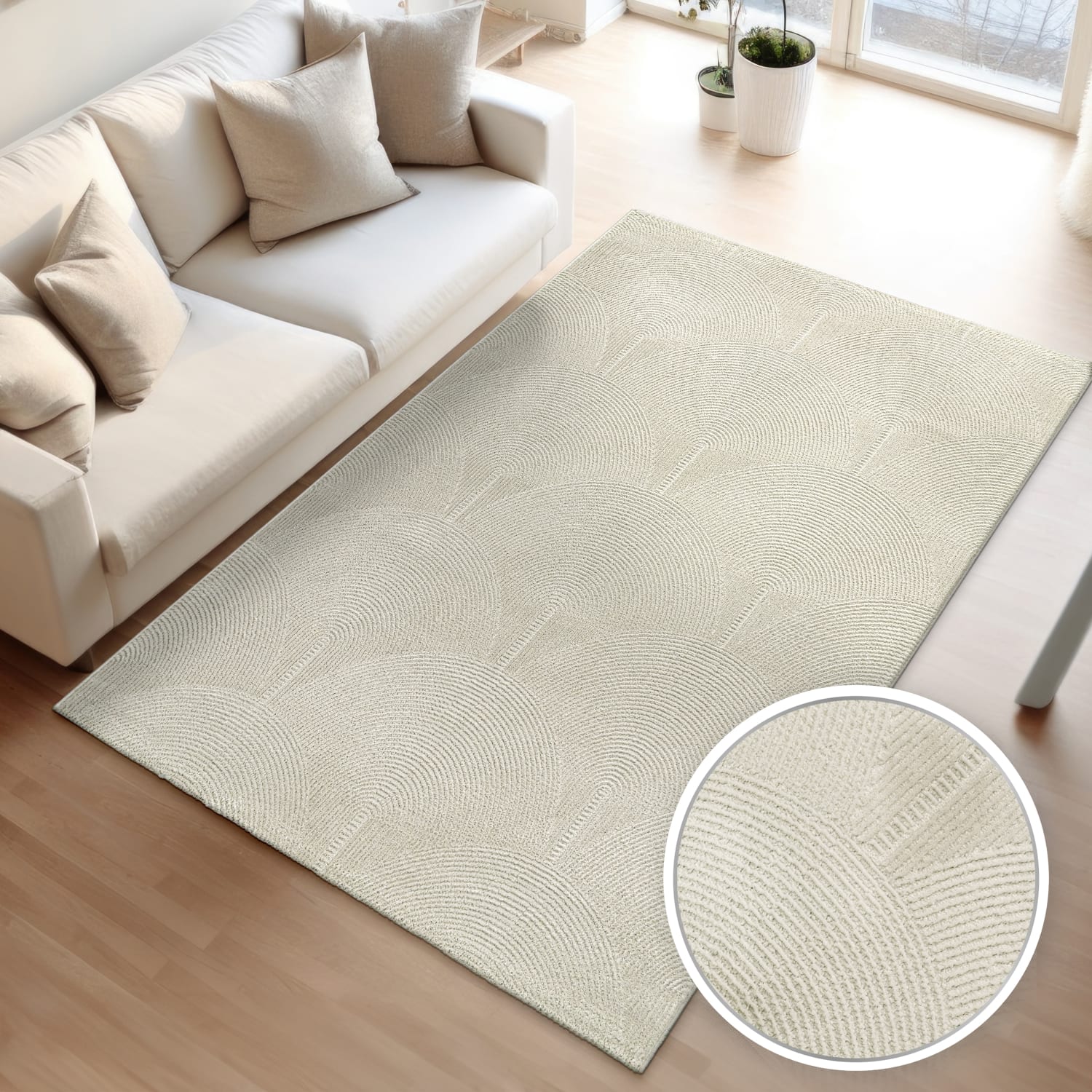 Wohnzimmer Teppich Esszimmer Kurzflor Boho Design Skandinavisch Unifarben Bogen 80 Cm X 150 Cm X 13 Mm Creme Rechteckig