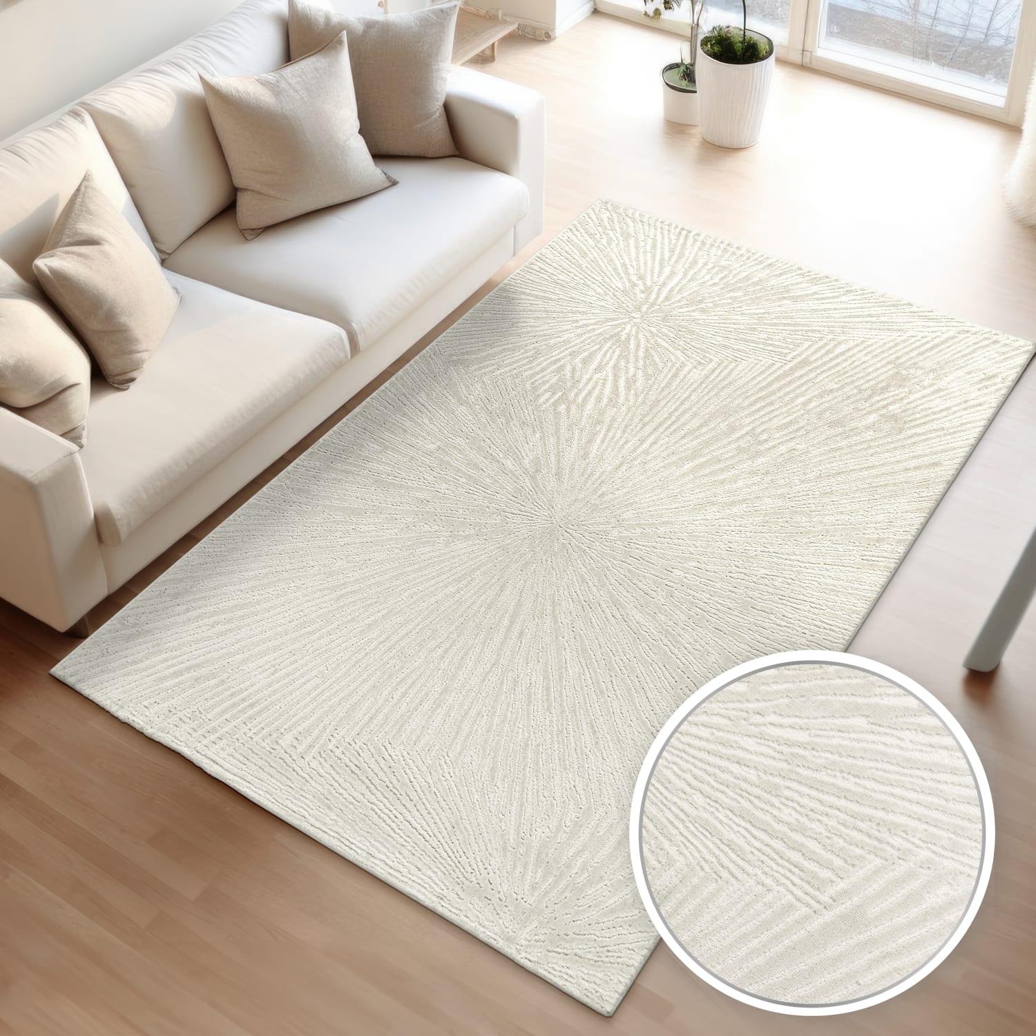 Wohnzimmer Teppich Esszimmer Kurzflor Boho Design Skandinavisch Abstrakte Optik 200 Cm X 280 Cm X 13 Mm Creme Rechteckig