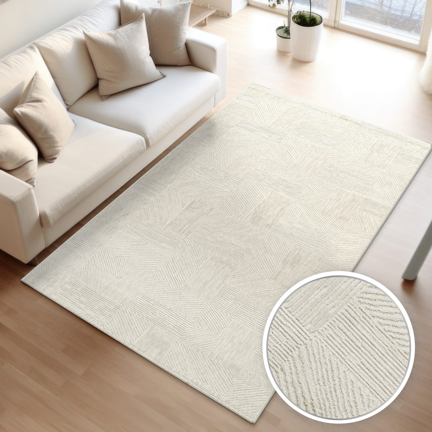 Wohnzimmer Teppich Esszimmer Kurzflor Boho Design Skandinavisch Abstrakt Uni 200 Cm X 280 Cm X 13 Mm Creme Rechteckig