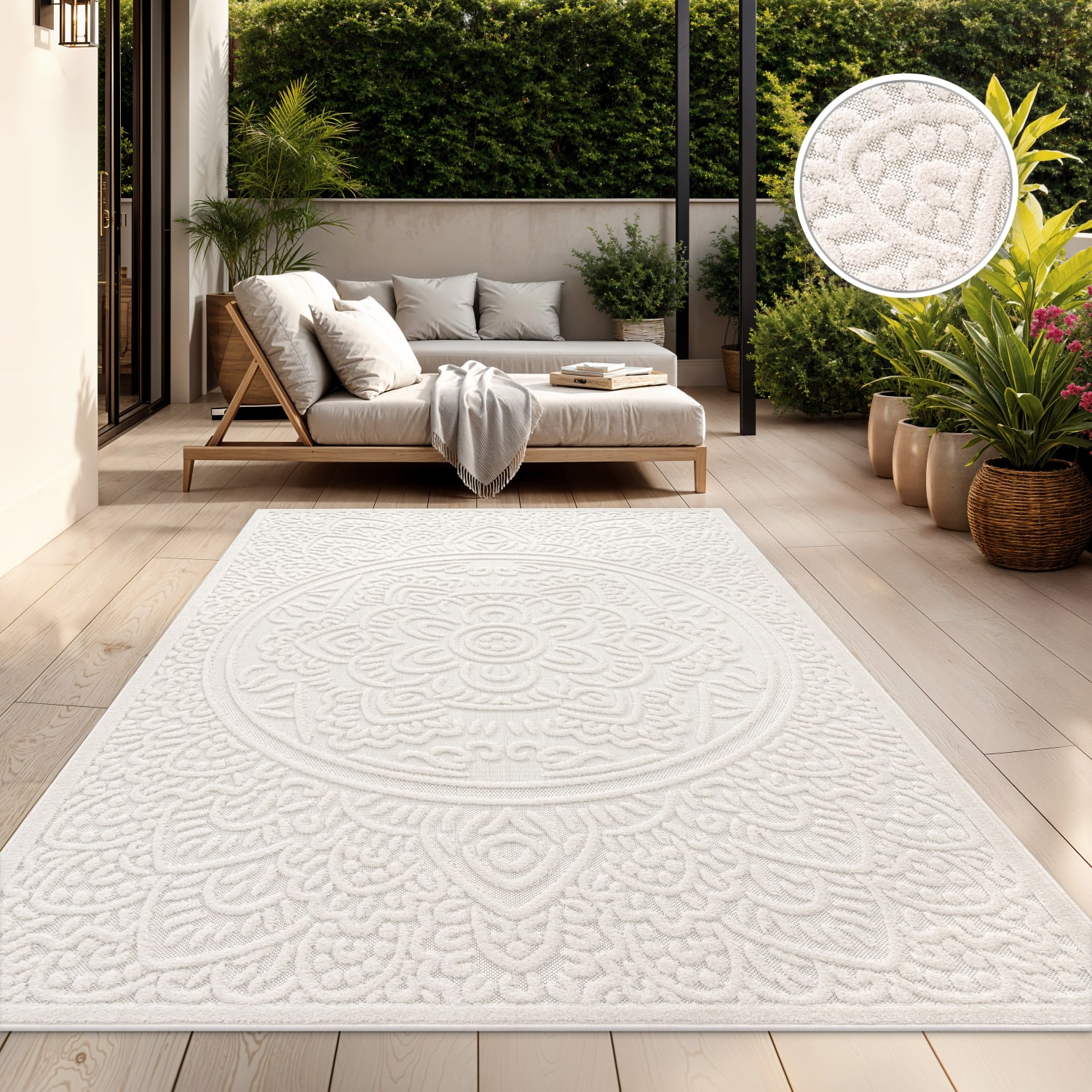In-& Outdoorteppich Wetterfest Küche Schlafzimmer Blumen Ethno Marokkanisch 200 Cm X 290 Cm X 10 Mm Creme Rechteckig
