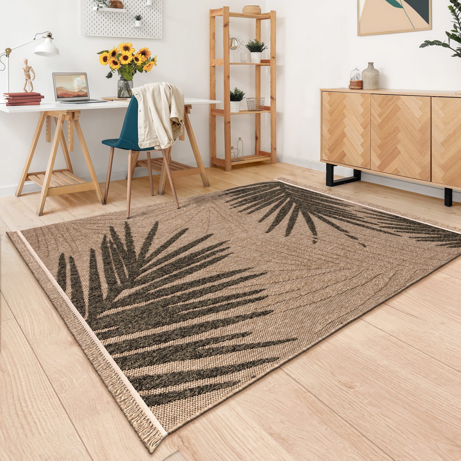 In-& Outdoor Teppich Wohnzimmer Wetterfest Balkon Boho Blattmotiv 3d Fransen 200 Cm X 280 Cm X 11 Mm Beige Rechteckig