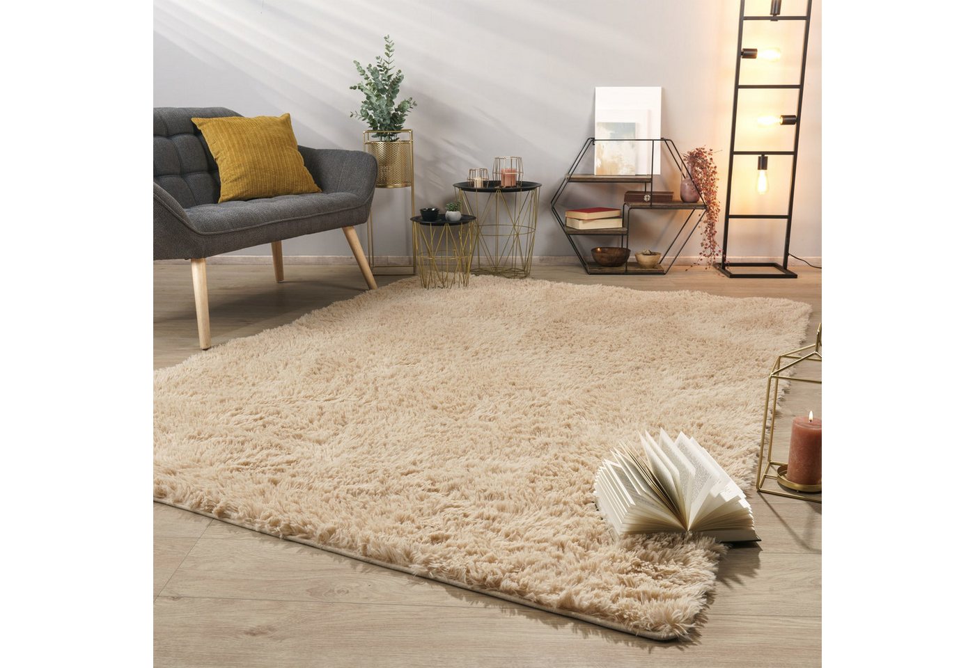 Teppich Wohnzimmer Hochflor Langflor Weich Soft Modernes Einfarbiges Design 60 Cm X 100 Cm X 37 Mm Beige Rechteckig Bild 4