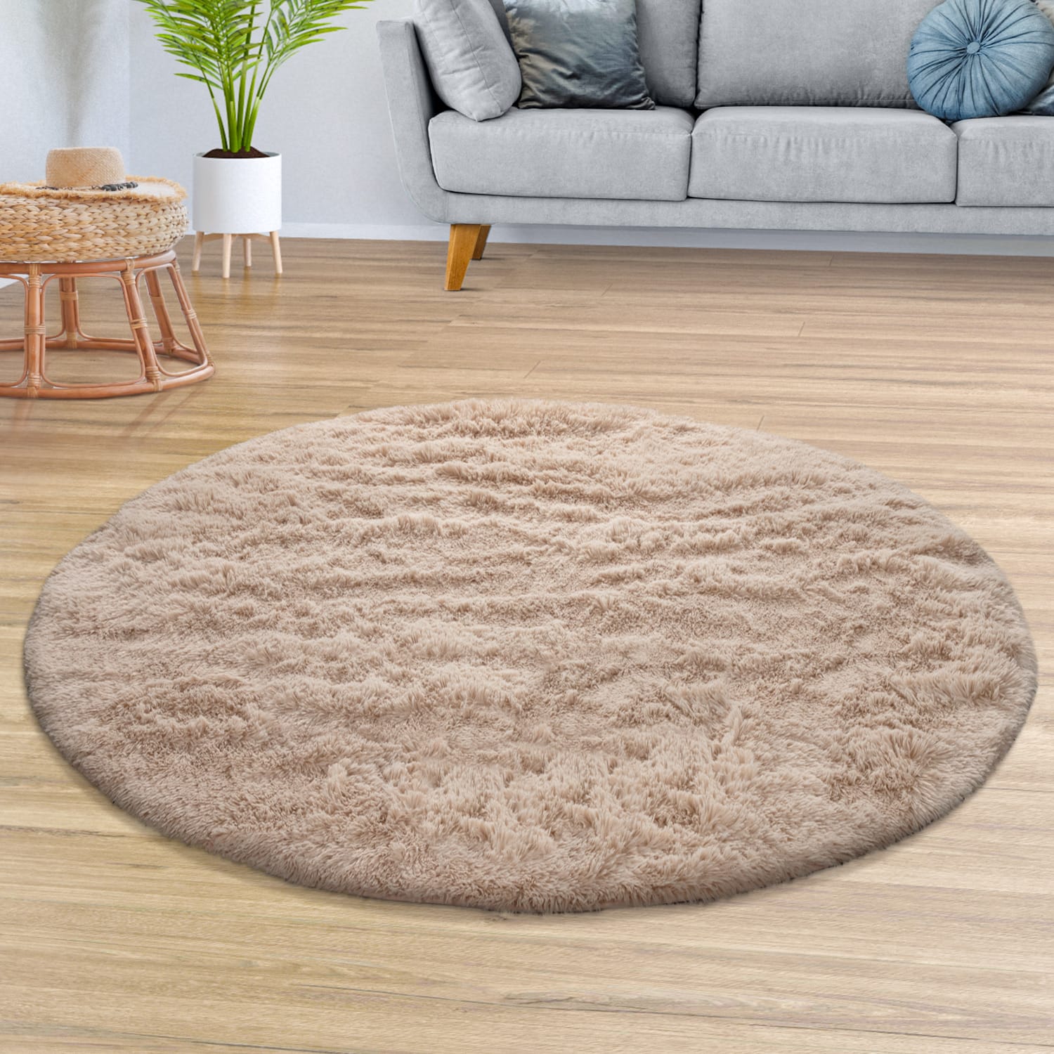 Teppich Wohnzimmer Hochflor Langflor Weich Soft Modernes Einfarbiges Design 160 Cm X 160 Cm X 37 Mm Beige Rund