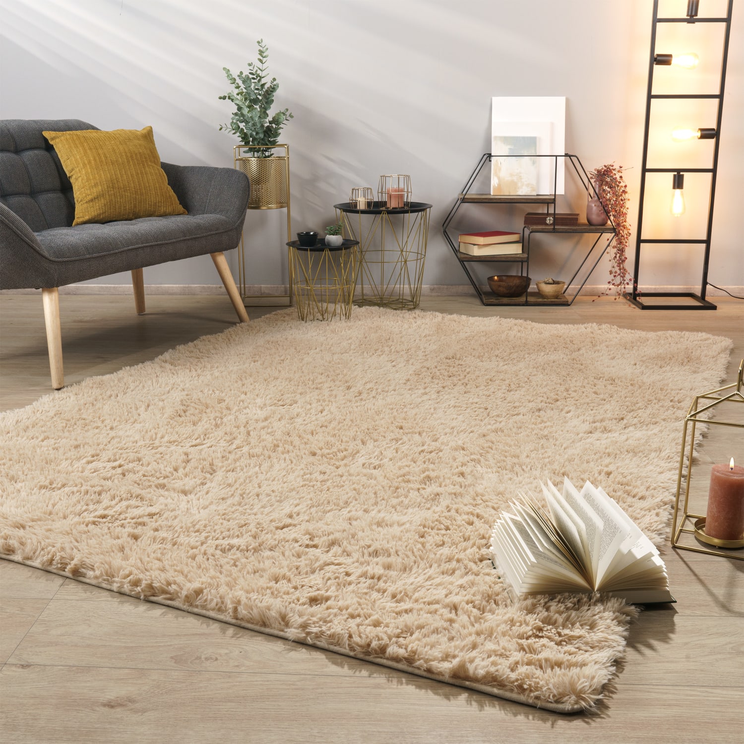 Teppich Wohnzimmer Hochflor Langflor Weich Soft Modernes Einfarbiges Design 140 Cm X 200 Cm X 37 Mm Beige Rechteckig