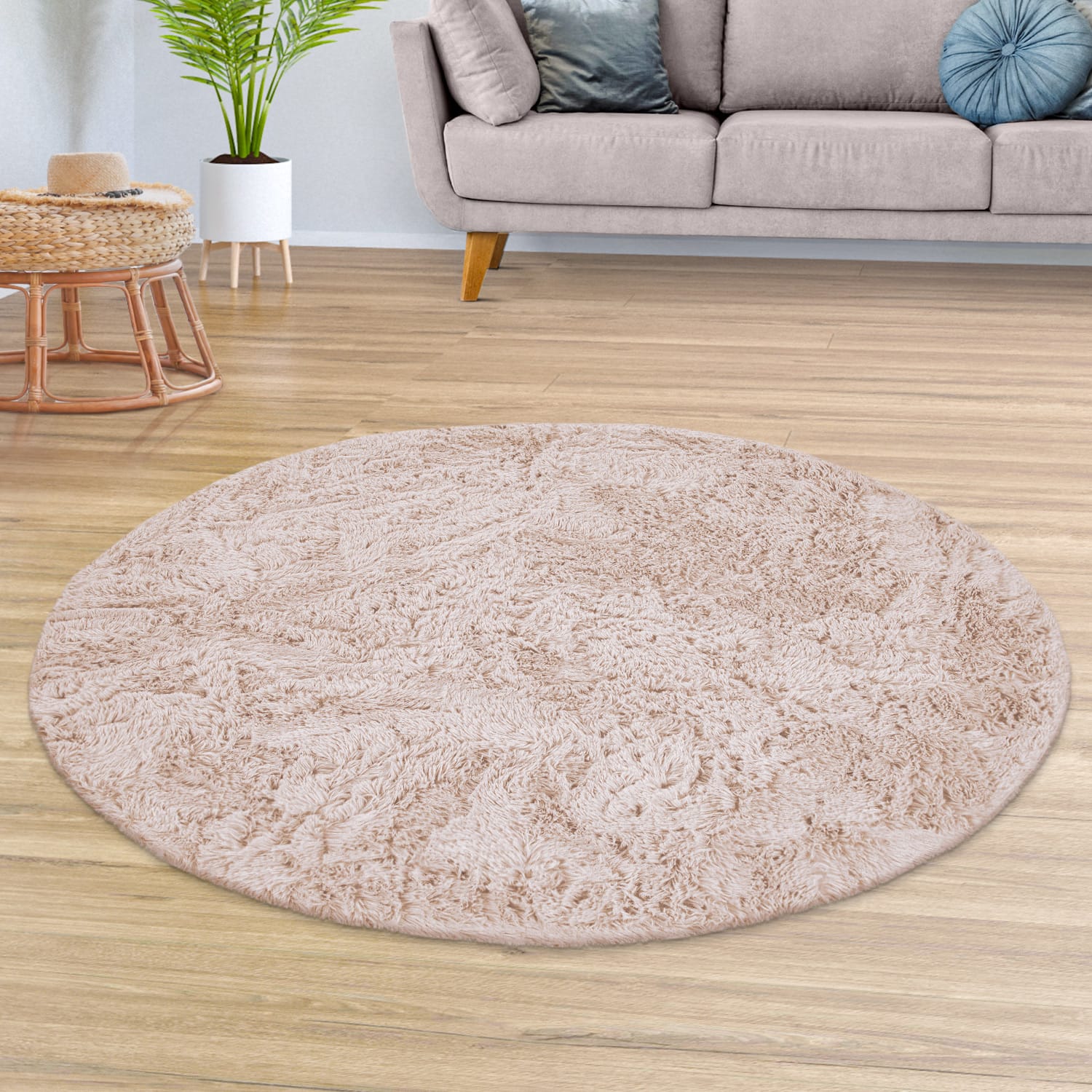 Teppich Wohnzimmer Hochflor Langflor Weich Soft Modernes Einfarbiges Design 120 Cm X 120 Cm X 37 Mm Creme Rund