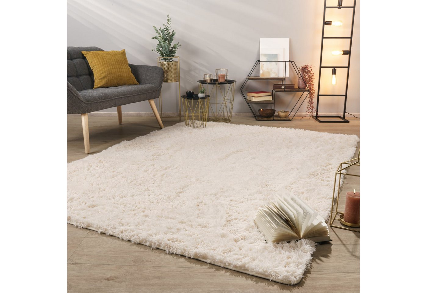 Teppich Wohnzimmer Hochflor Langflor Weich Soft Modernes Einfarbiges Design 60 Cm X 100 Cm X 37 Mm Creme Rechteckig Bild 4