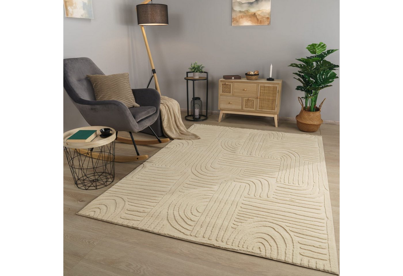 Wohnzimmer Teppich Esszimmer Kurzflor Geometrische Optik Skandi Boho Unifarben 80 Cm X 150 Cm X 14 Mm Beige Rechteckig Bild 5