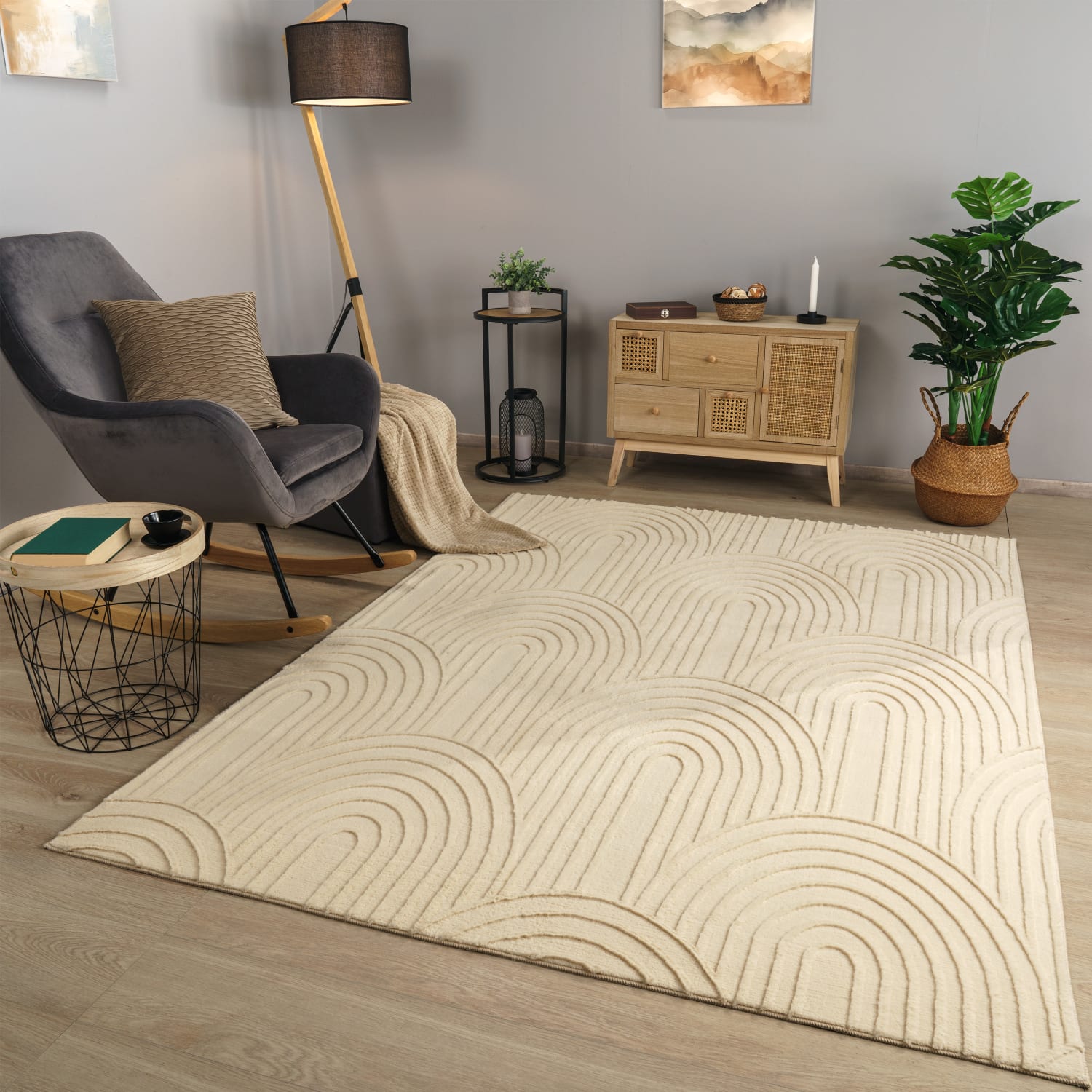 Wohnzimmer Teppich Esszimmer Kurzflor Geometrische Optik Skandi Boho Unifarben 120 Cm X 160 Cm X 14 Mm Beige Rechteckig