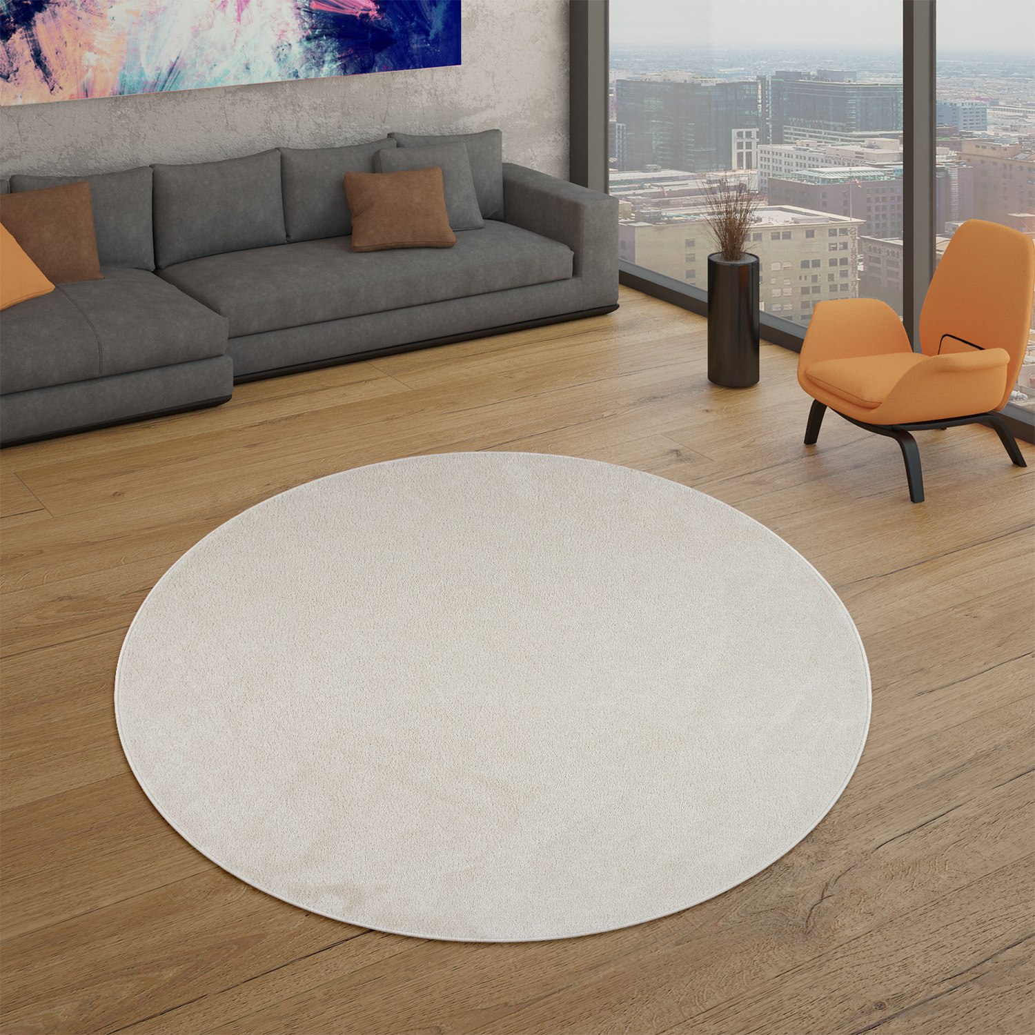 Wohnzimmer Teppich Kurflor Unifarbendes Design Modern Und Zeitlos 120 Cm X 120 Cm X 12 Mm Creme Rund