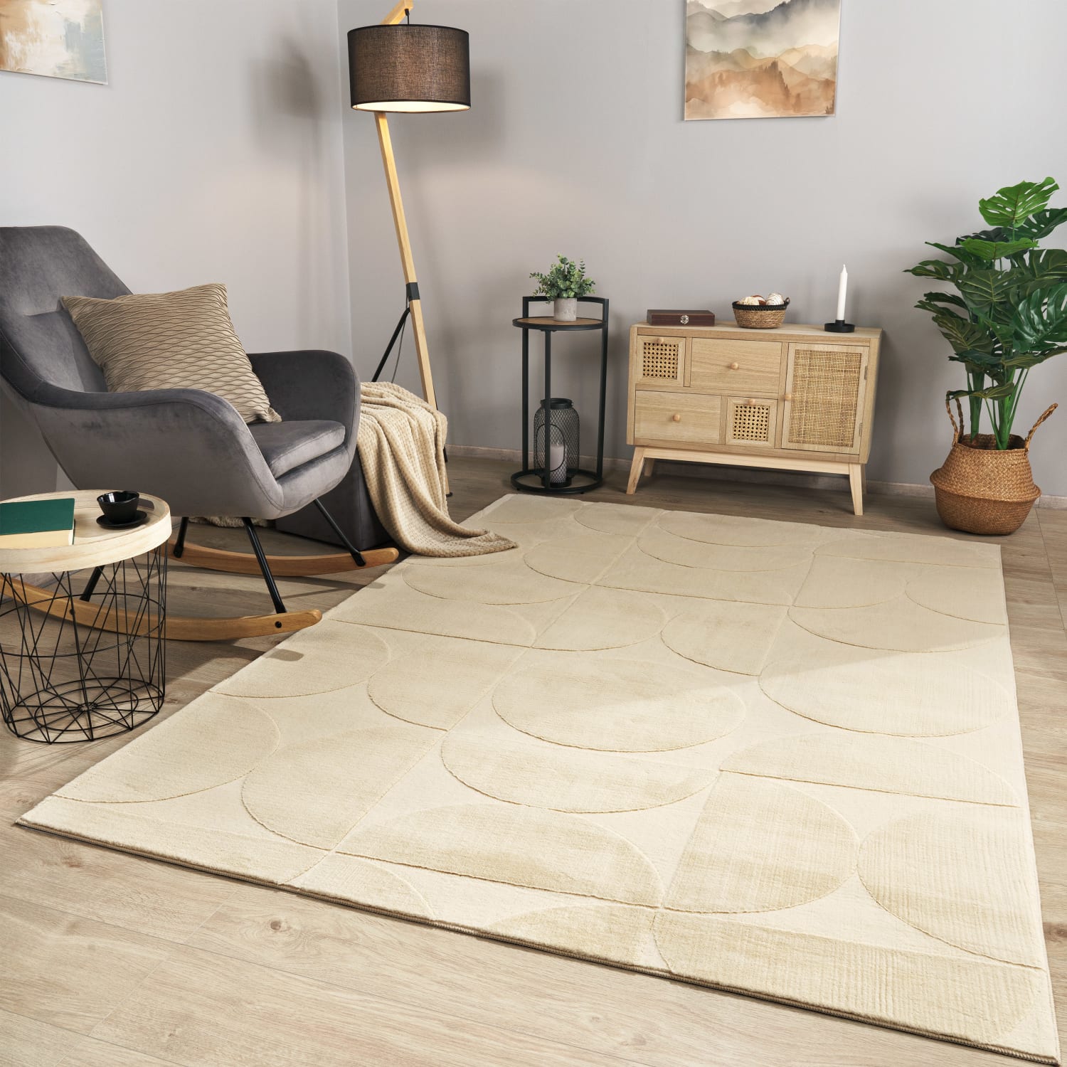Wohnzimmer Teppich Esszimmer Kurzflor Geometrische Optik Skandi Boho Unifarben 200 Cm X 280 Cm X 14 Mm Beige Rechteckig