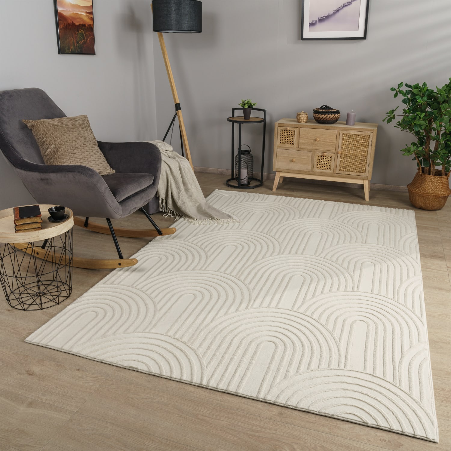 Wohnzimmer Teppich Esszimmer Kurzflor Geometrische Optik Skandi Boho Unifarben 120 Cm X 160 Cm X 14 Mm Creme Rechteckig
