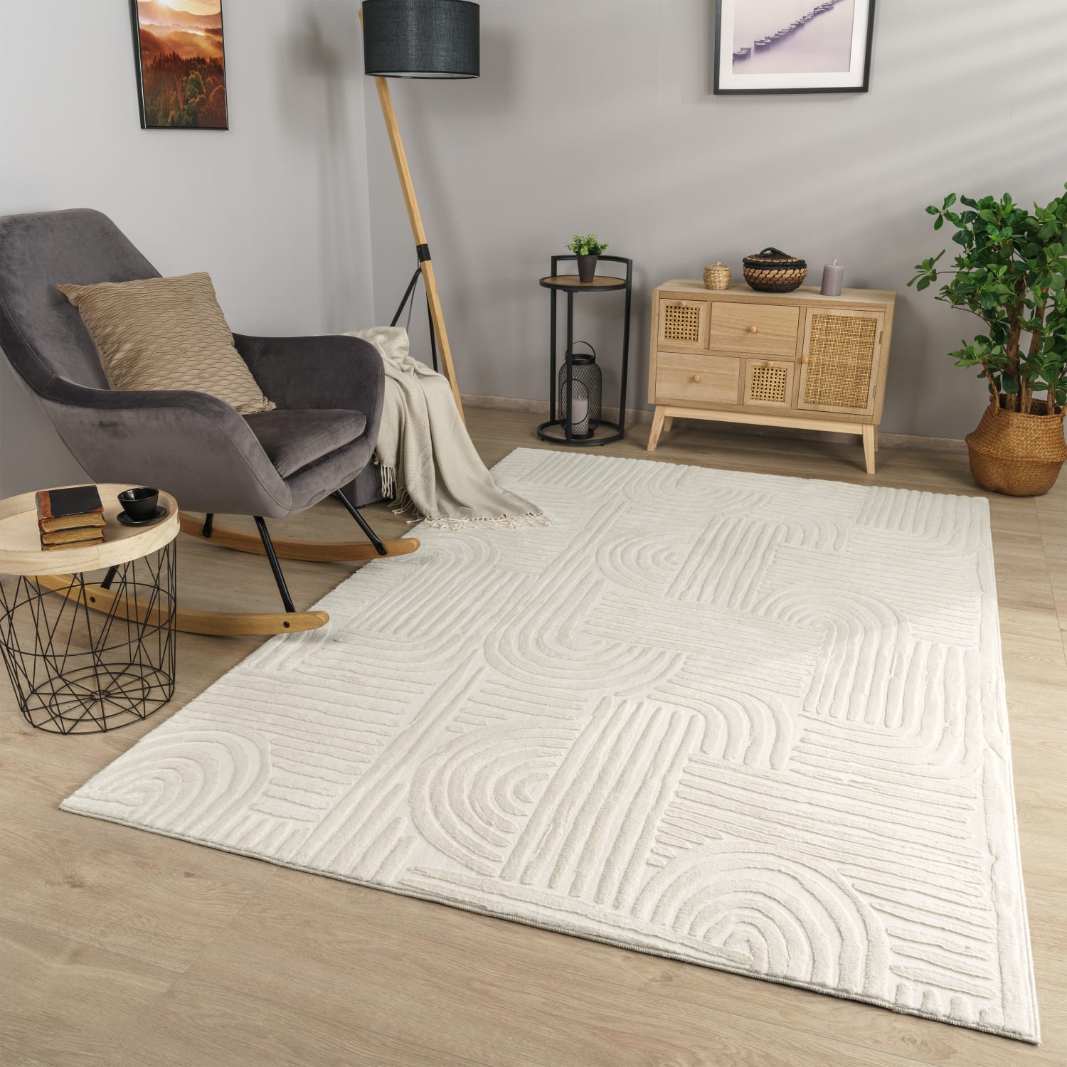 Wohnzimmer Teppich Esszimmer Kurzflor Geometrische Optik Skandi Boho Unifarben 80 Cm X 150 Cm X 14 Mm Creme Rechteckig