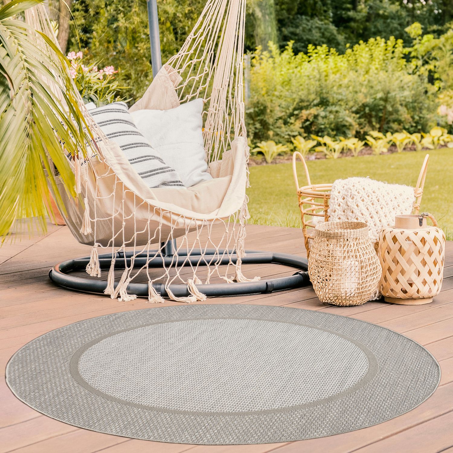 Balkon Garten Esszimmer Skandinavisch Boho Design Bordüre Einfarbig 200 Cm X 200 Cm Beige Creme Kreisförmig