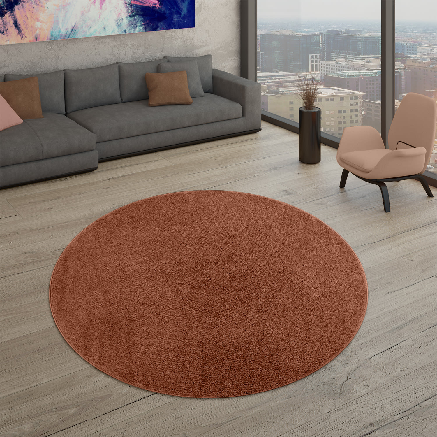Wohnzimmer Teppich Kurflor Unifarbendes Design Modern Und Zeitlos 120 Cm X 120 Cm X 12 Mm Braun Rund