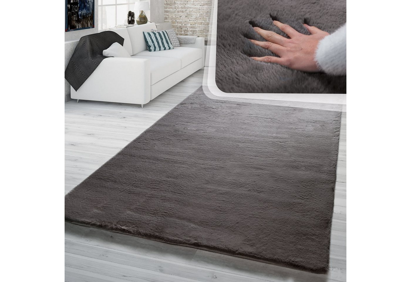 Hochflor Teppich Schlafzimmer Kunstfell Flauschig Kaninchenfell Imitat 60 Cm X 90 Cm X 26 Mm Dunkelgrau Rechteckig Bild 3