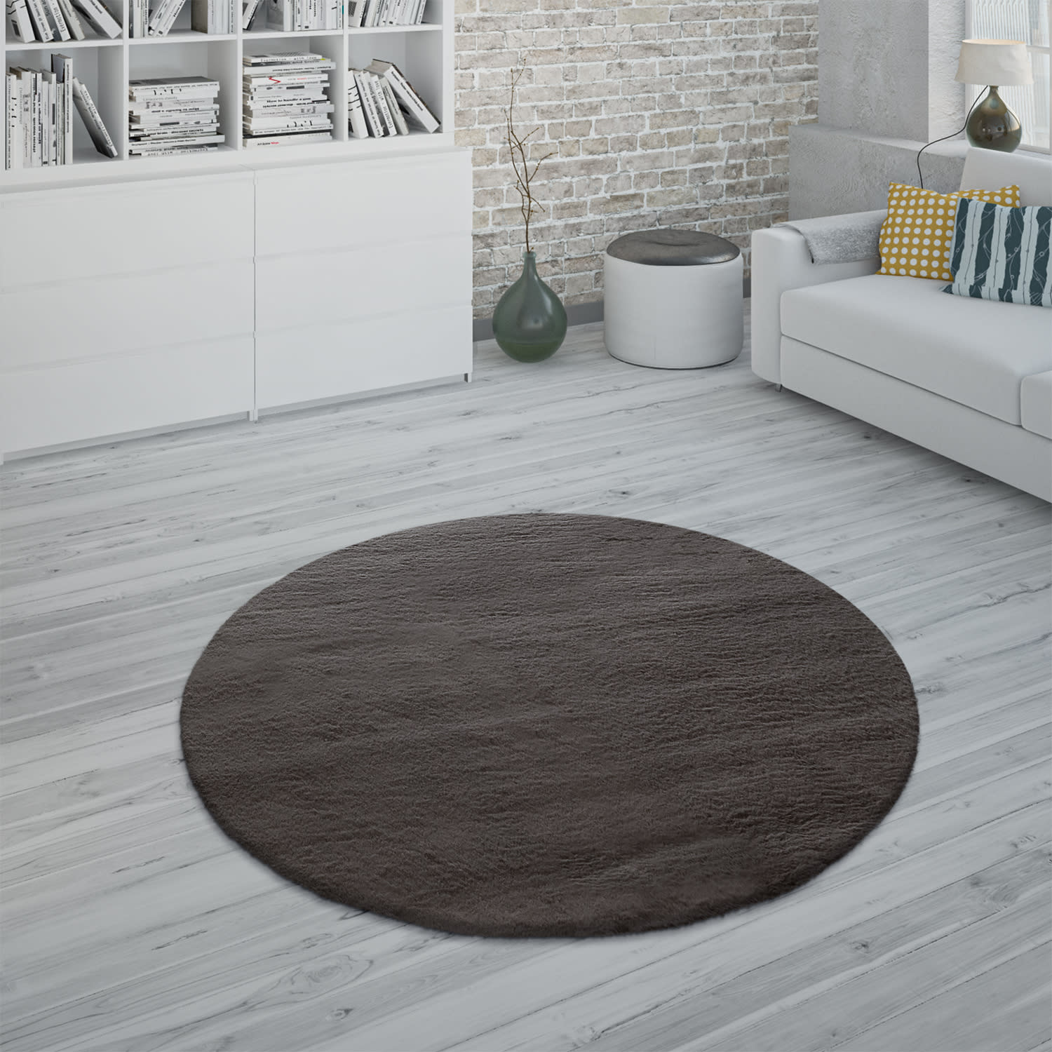 Hochflor Teppich Schlafzimmer Kunstfell Flauschig Kaninchenfell Imitat 200 Cm X 200 Cm X 26 Mm Dunkelgrau Rund
