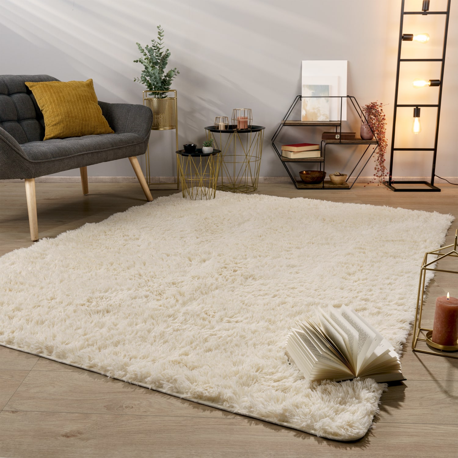 Teppich Wohnzimmer Hochflor Langflor Weich Soft Modernes Einfarbiges Design 80 Cm X 150 Cm X 37 Mm Elfenbein Rechteckig