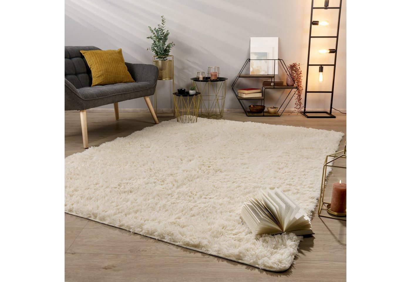 Teppich Wohnzimmer Hochflor Langflor Weich Soft Modernes Einfarbiges Design 60 Cm X 100 Cm X 37 Mm Elfenbein Rechteckig