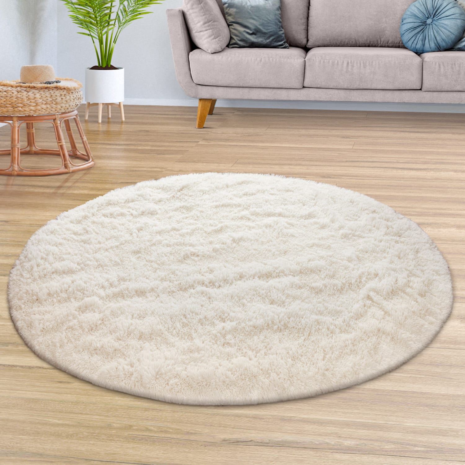 Teppich Wohnzimmer Hochflor Langflor Weich Soft Modernes Einfarbiges Design 120 Cm X 120 Cm X 37 Mm Elfenbein Rund