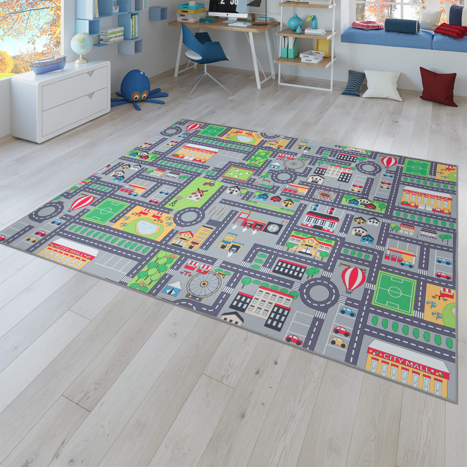 Kinderzimmerteppich Teppich Junge Mädchen Kinderteppich Baby Rutschfest Straße 120 Cm X 160 Cm Grau Rechteckig
