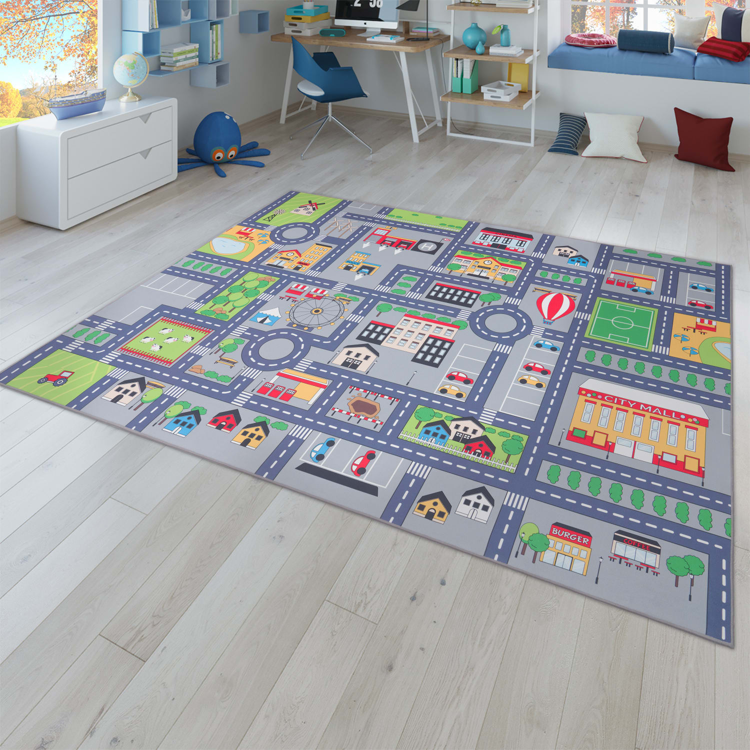 Kinderzimmerteppich Teppich Junge Mädchen Kinderteppich Baby Rutschfest Straße 240 Cm X 340 Cm Grau Rechteckig