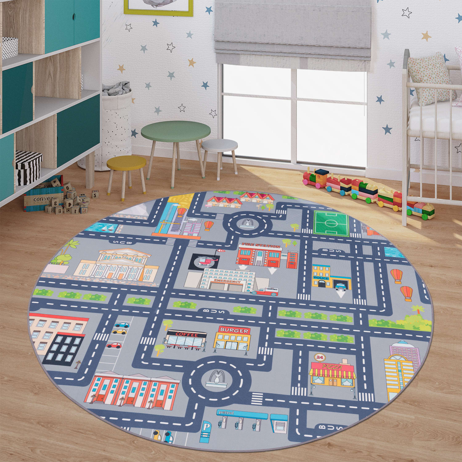 Kinderzimmerteppich Teppich Junge Mädchen Kinderteppich Baby Rutschfest Straße 160 Cm X 160 Cm Grau Rund