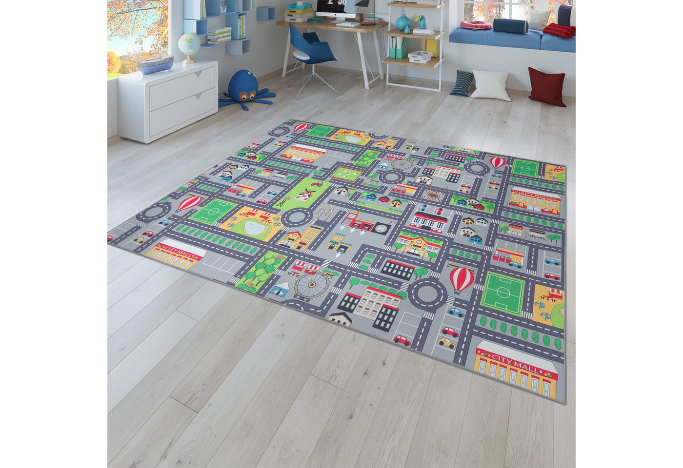 Kinderzimmerteppich Teppich Junge Mädchen Kinderteppich Baby Rutschfest Straße 80 Cm X 150 Cm Grau Rechteckig Bild 3