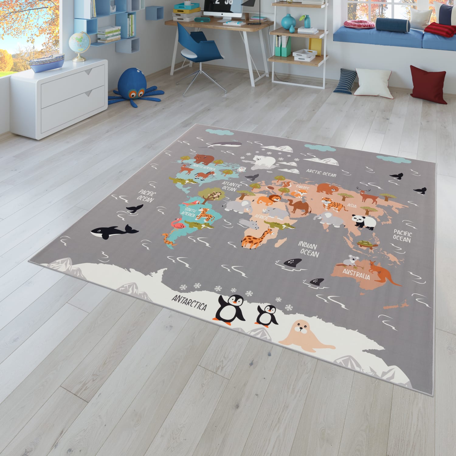 Kinderzimmerteppich Teppich Junge Mädchen Kinderteppich Rutschfest Tiere Erde 200 Cm X 200 Cm Grau Quadrat